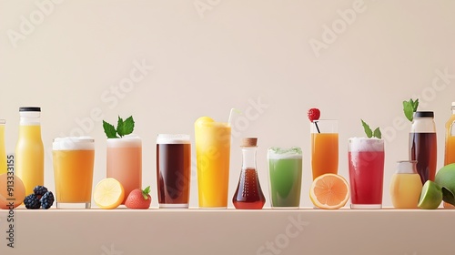 Diverse Collection of Vibrant 3D Rendered Beverages on Clean Backdrop
