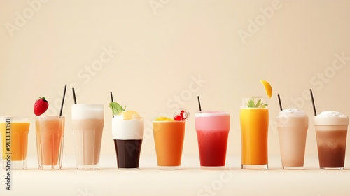 Diverse Collection of Vibrant Beverages with Minimalist Aesthetic in 3D Rendering