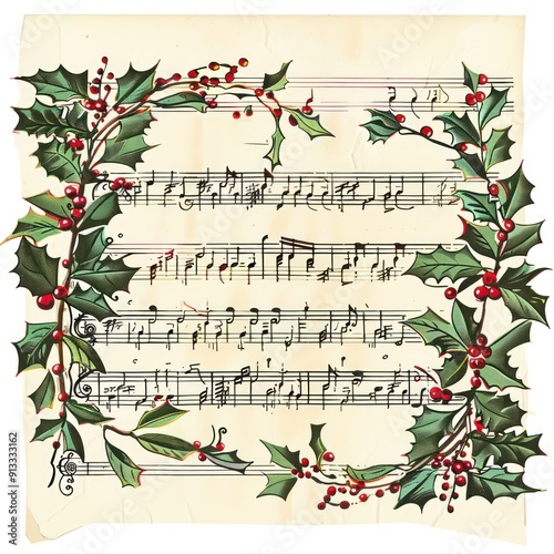 18. Christmas carol sheet music clipart, musical element, vintage style, isolated on white background