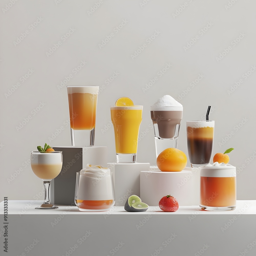 Fototapeta premium Elegantly Arranged Assortment of Refreshing Beverages in Contemporary Setting