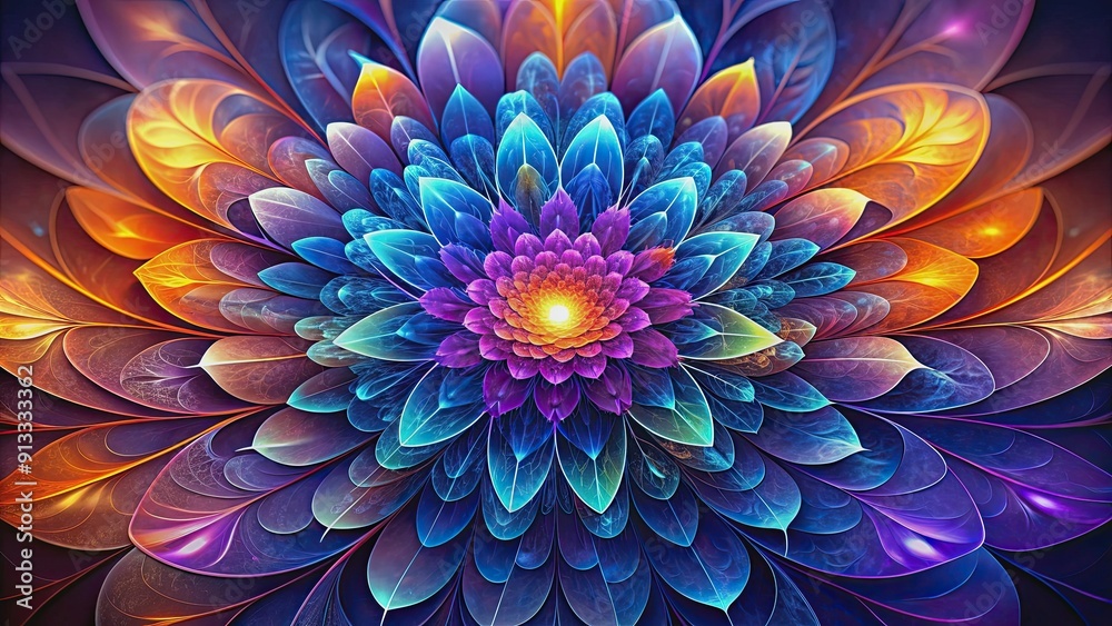 Surreal render of an abstract alien blossom summer flower with colorful leaves in purple, blue Surreal render of an abstract alien blossom summer flower with colorful leaves in purple, blue