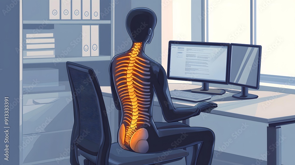 Prolonged Posture Office Ergonomics: Highlighting Spinal Stress: A stylized illustration ...