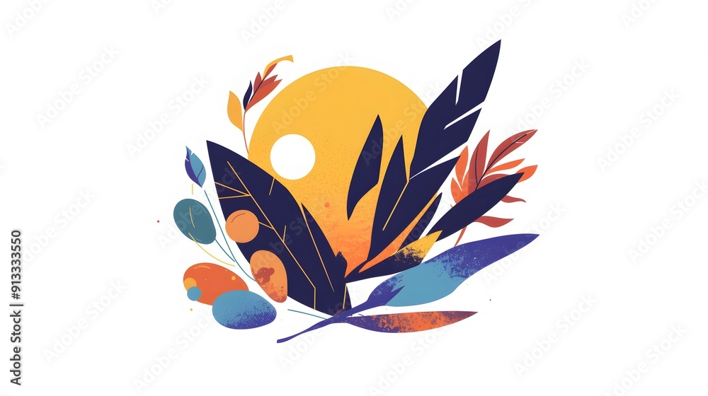 Obraz premium Autumn's Embrace: A vibrant illustration of fall foliage encircling a warm, setting sun, capturing the essence of autumn's beauty. 