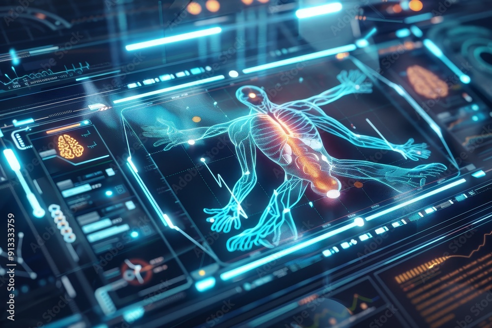 Medical Interface Vector Holographic medical interface showing vital signs and patient data for ...