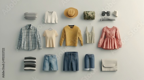 Neatly Arranged Clothing Items Showcased on Plain Background in Minimalist 3D Render