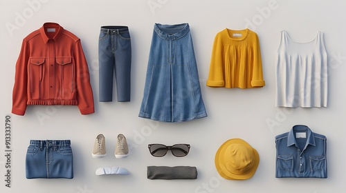 Neatly Arranged 3D Rendered Clothing Items on Plain Background