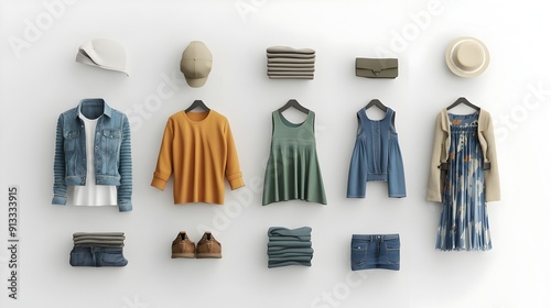 Neatly Arranged Assortment of Stylish Clothing Items on Plain Background