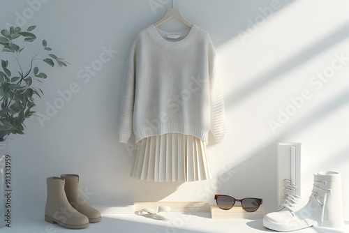 Meticulously Arranged Fashionable Garments and Accessories in Sleek 3D Render