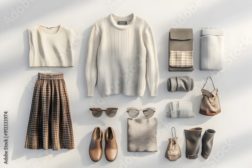 Meticulously Arranged Fashion Ensemble in Minimalist 3D Rendering