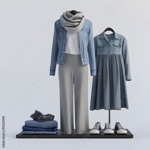Precisely Composed 3D Rendered Minimalist Clothing Ensemble with Polo,Slacks,Dress,Denim Jacket,and Scarf