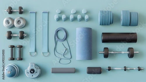 Neatly Arranged Fitness Equipment Set Against Clean and Modern Background