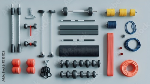 Neatly Arranged Fitness Equipment Set with Dumbbells Yoga Mats Kettlebells and Resistance Bands on Plain Background