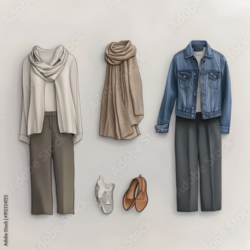 Minimalist Clothing Ensemble: Refined Neutral Wardrobe Pieces Showcased in Soft Gradients and Precise Composition