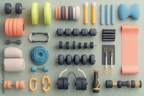 Assorted Essential Fitness Equipment Displayed in Organized Technical Style