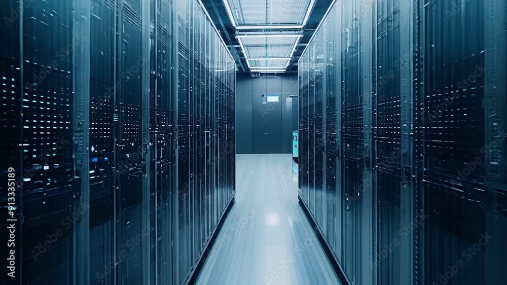 Explore a high-tech data center with rows of illuminated server racks and advanced networking equipment.
