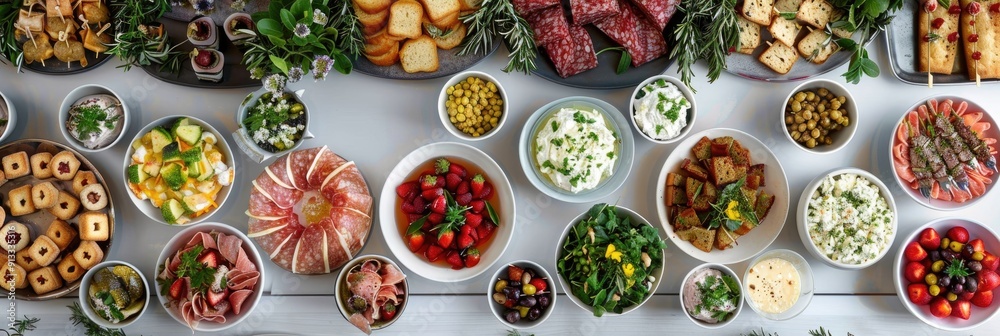 Elegantly adorned banquet spread featuring an assortment of delectable appetizers at a corporate birthday party or wedding event including canapes salads and charcuterie offerings Elegantly adorned banquet spread featuring an assortment of delectable appetizers at a corporate birthday party or wedding event including canapes salads and charcuterie offerings