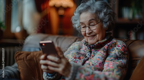 elderly woman using smartphone on sofa fpr advertising and ecommerce