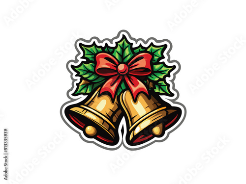 A pair of golden Christmas bells with a red bow and holly leaves, isolated on a white background.