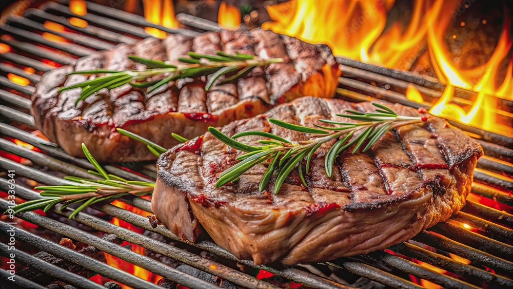 Grilled beef steaks seasoned with rosemary on a barbecue grill, barbecue, beef, steaks, grilled, cooking, seasoning, rosemary Grilled beef steaks seasoned with rosemary on a barbecue grill, barbecue, beef, steaks, grilled, cooking, seasoning, rosemary