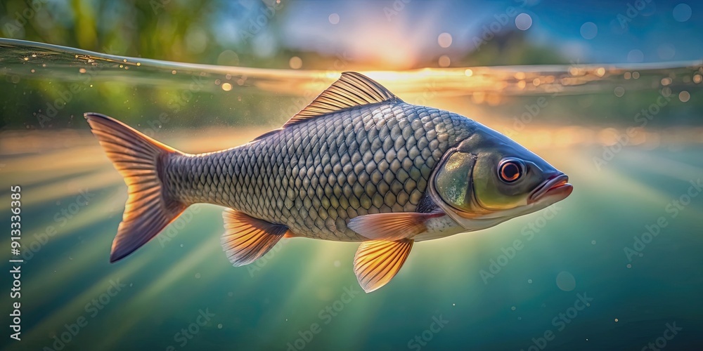 Close-up of a fish swimming in an evening lake , fish, close-up, underwater, nature, wildlife, aquatic, evening, lake Close-up of a fish swimming in an evening lake , fish, close-up, underwater, nature, wildlife, aquatic, evening, lake