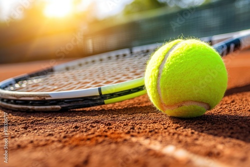 Tennis ball and racket on court. This image is ideal for promoting sports, health, or outdoor activities.