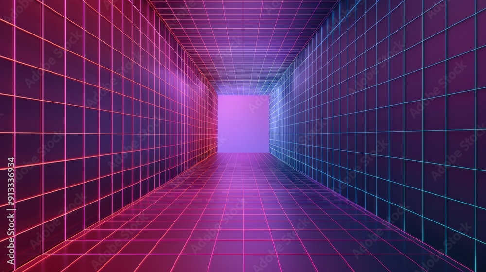 A vibrant 3D grid tunnel showcasing neon colors of pink and blue, creating a futuristic and visually appealing perspective. A vibrant 3D grid tunnel showcasing neon colors of pink and blue, creating a futuristic and visually appealing perspective.