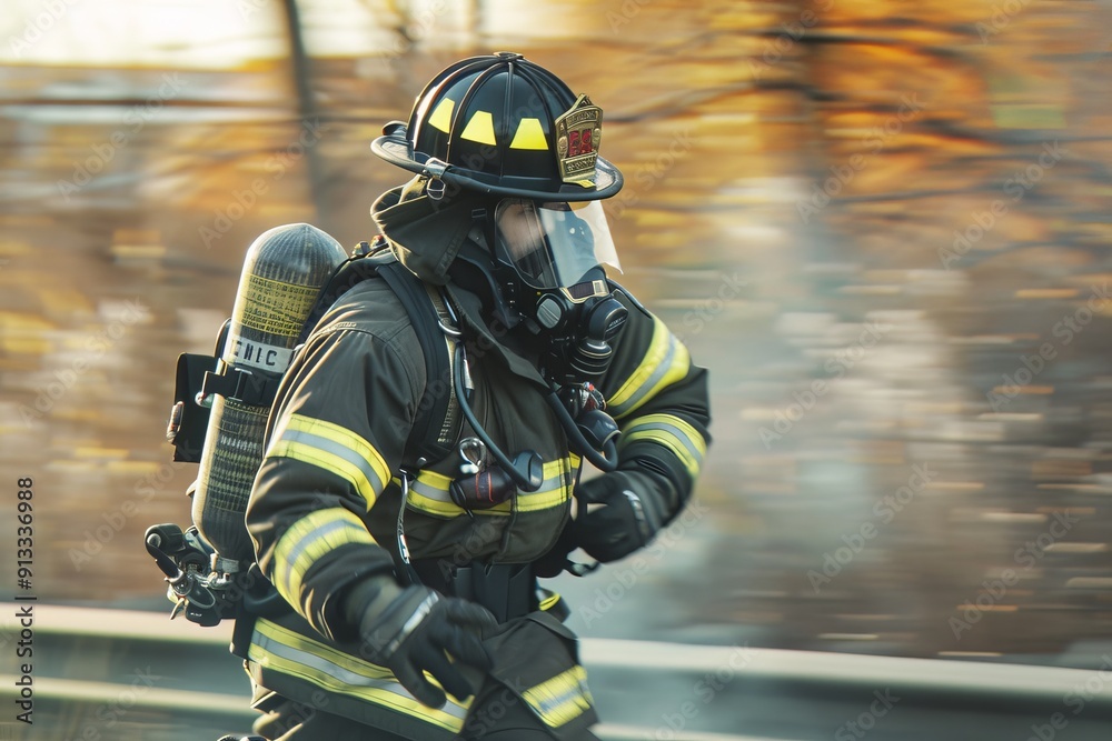Obraz premium A firefighter in full gear rushing to respond to an emergency