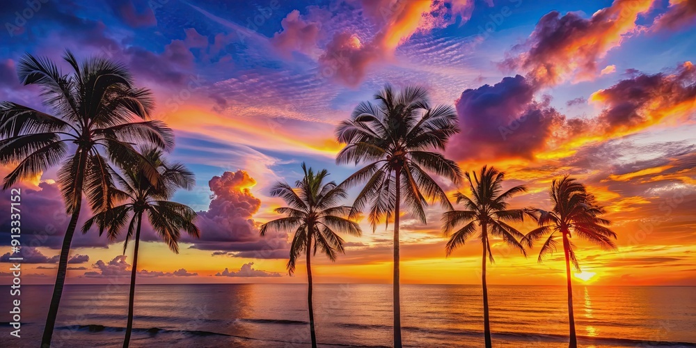 Vibrant sunset over the ocean with silhouettes of palm trees, beach, sunset, ocean, tropical, vacation, horizon, sky, clouds