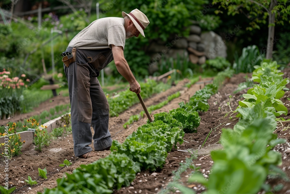 Dedicated Farmer Tending to Rows of Fresh Lettuce in Lush Organic Garden During Sunny Afternoon Dedicated Farmer Tending to Rows of Fresh Lettuce in Lush Organic Garden During Sunny Afternoon