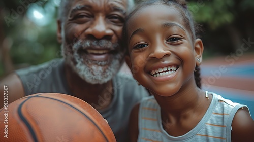 grandfather teaching granddaughter to play basketball