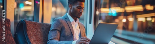 Professional using a laptop on a commuter train, Commute to work, productive travel time