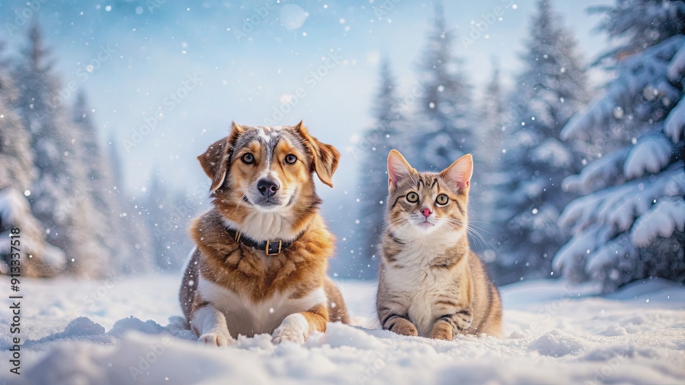 A cute dog and cat playing together in a snowy winter wonderland, dog, cat, snow, winter, playing, pets, animals, cold, fun A cute dog and cat playing together in a snowy winter wonderland, dog, cat, snow, winter, playing, pets, animals, cold, fun