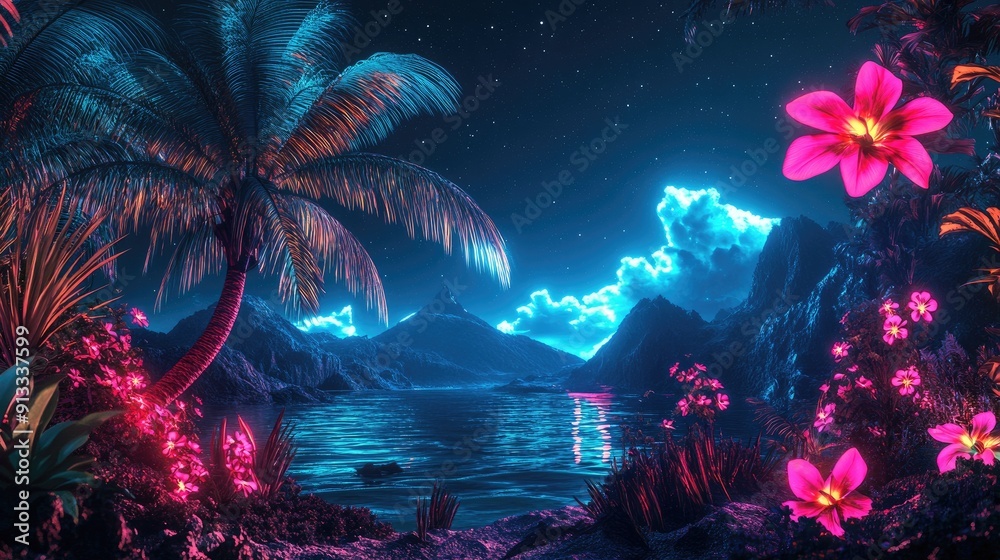 Exotic flowers and a glowing palm tree under neon lights in a tranquil tropical night scene