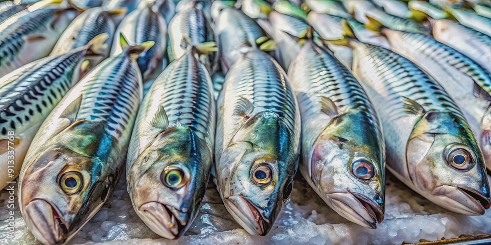 Obraz premium Fresh horse mackerels displayed on a fishmonger's stall , horse mackerel, Trachurus trachurus, fish, seafood, fresh, market