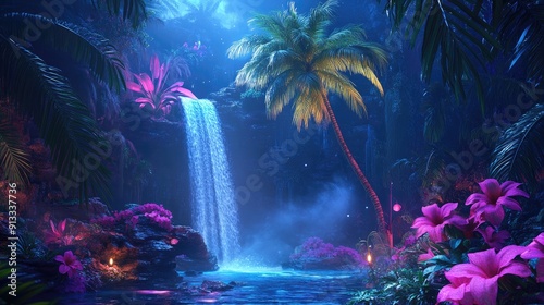 Glowing palm tree, exotic flowers, and misty waterfall under neon lights in a tropical night scene