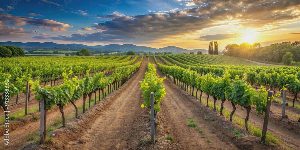 Fototapeta premium Vineyard landscape with rows of grapevines ready for wine production, vineyard, wine, grapes, agriculture, winemaking
