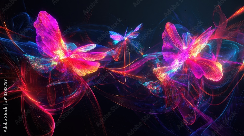 Birds and flowers, neon lights plexus, glowing lasers, black background, abstract motion, stunning desktop wallpaper Birds and flowers, neon lights plexus, glowing lasers, black background, abstract motion, stunning desktop wallpaper