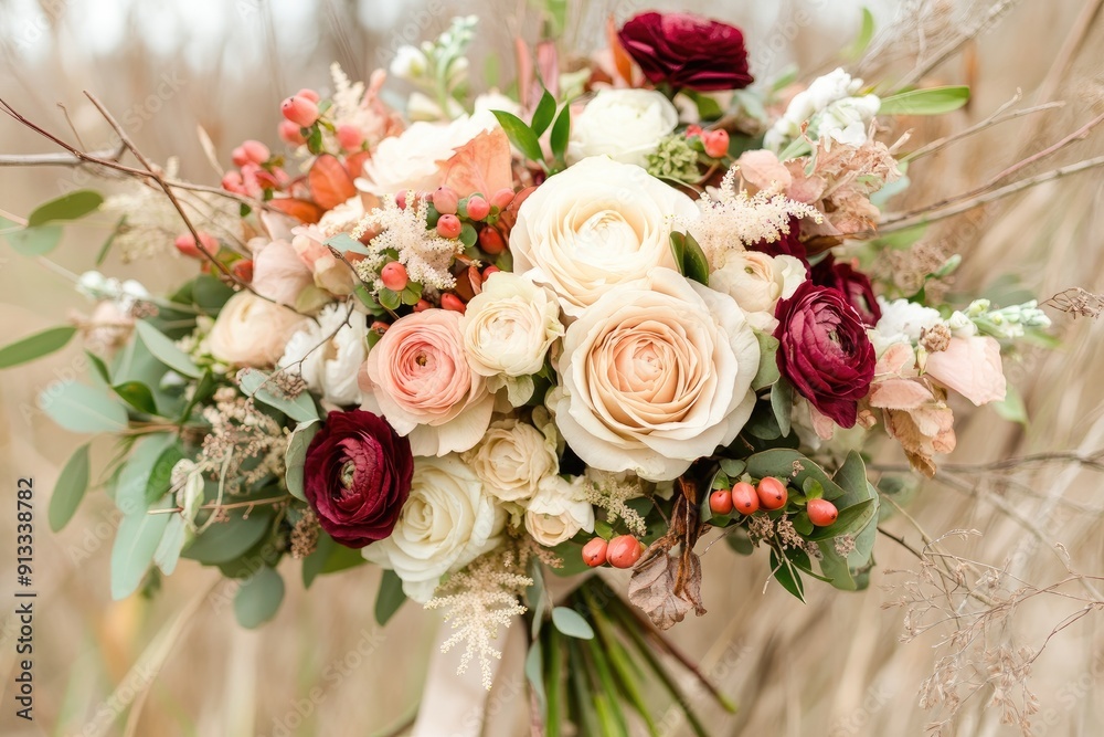 A beautiful bouquet of cream, pink, and burgundy flowers. This photo is perfect for showcasing floral arrangements for weddings, special occasions, or other events. A beautiful bouquet of cream, pink, and burgundy flowers. This photo is perfect for showcasing floral arrangements for weddings, special occasions, or other events.