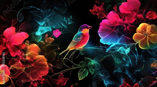 Fototapeta Naklejka Na Ścianę i Meble -  Birds and flowers, neon lights plexus, glowing lasers, black background, abstract motion, stunning desktop wallpaper