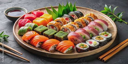 Sushi platter with assorted rolls and sashimi portions, sushi, Japanese cuisine, food, seafood, dinner, traditional, fresh, healthy