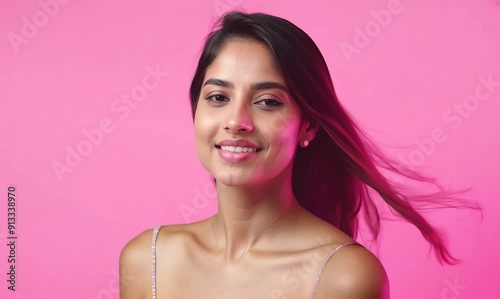 Portrait of a beautiful young woman smiling on a pink background.