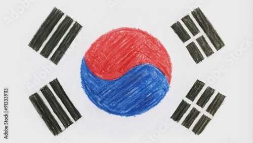 Hand-drawn of South Korea's national flag by a child, South Korea, flag, national symbol, hand-drawn,child's drawing, colorful photo