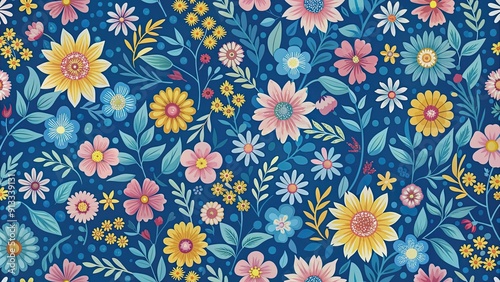 Seamless floral pattern collection in blue, pink, and yellow hues, floral, seamless, pattern, collection, blue, pink