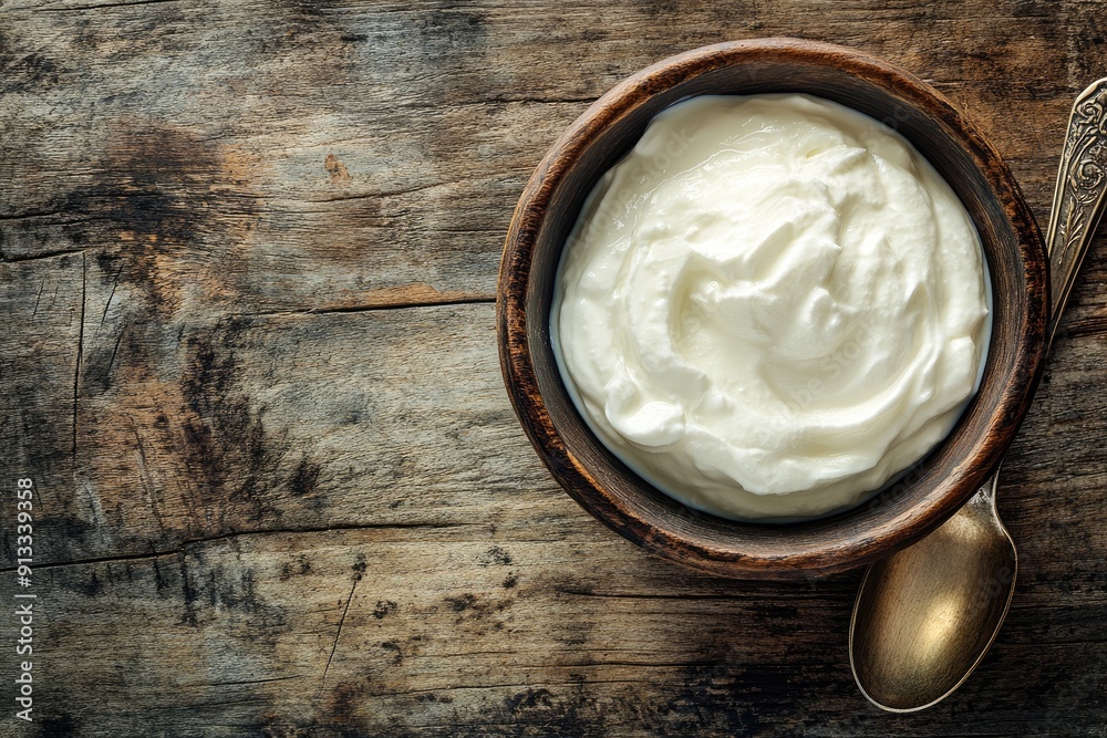 Bowl of creamy yogurt on wood. Perfect for food, health, and diet blogs. Bowl of creamy yogurt on wood. Perfect for food, health, and diet blogs.