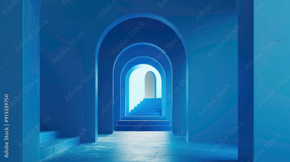 A long hallway with multiple arched doorways leading to a bright light at the end of the hall. The walls are a deep purple and the floor is a light blue.
