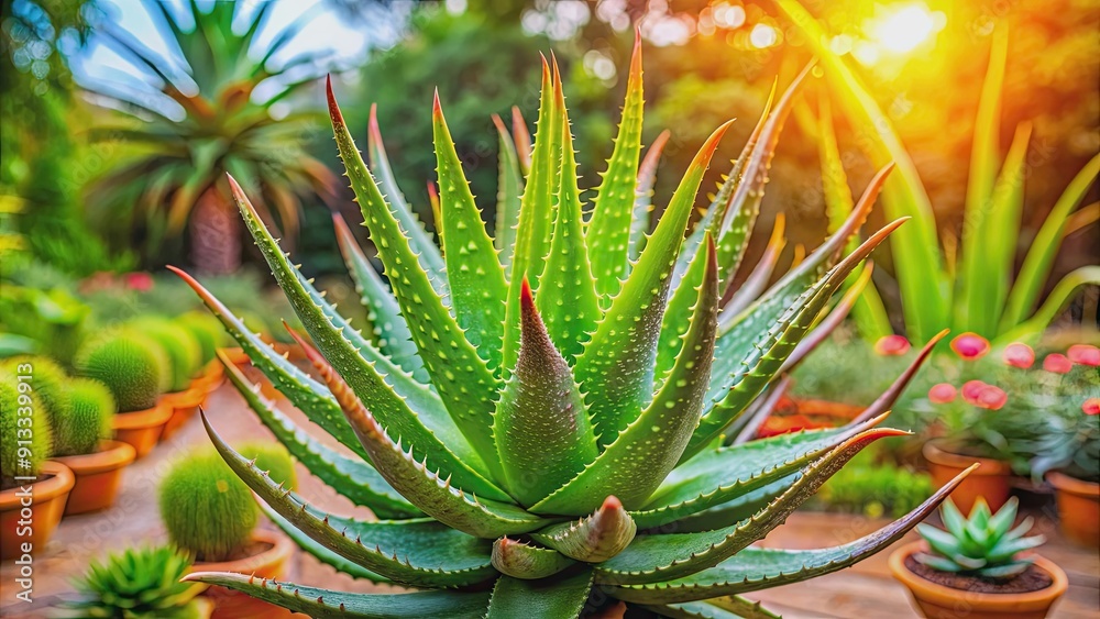 Obraz premium Aloe vera plant thriving in a vibrant garden, aloe vera, succulent, green, leaves, healthy, plant, healing, natural