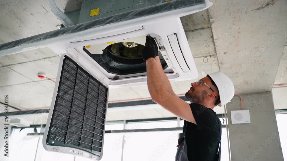 Technician in uniform cleaning air conditioner in home or office