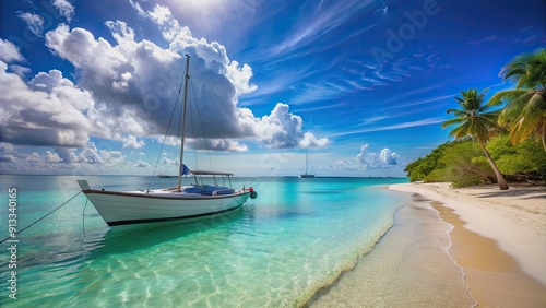 Fototapeta Naklejka Na Ścianę i Meble -  Boat anchored on the beautiful Caribbean beach with a sailboat in the background, Caribbean, beach, boat, sailboat