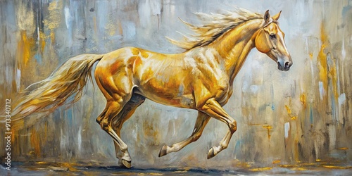 Abstract oil painting of a golden horse on canvas with modern artwork, paint strokes, and large stroke painting, abstract, oil art photo