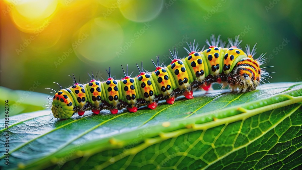 Close up shot of a vibrant caterpillar crawling on a green leaf, macro, beautiful, nature, scene, close up, caterpillar Close up shot of a vibrant caterpillar crawling on a green leaf, macro, beautiful, nature, scene, close up, caterpillar